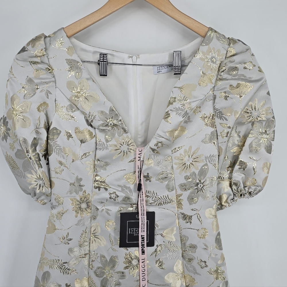 Mac Duggal White and Gold Floral Puff Sleeve Mini Dress - Picture 5 of 14